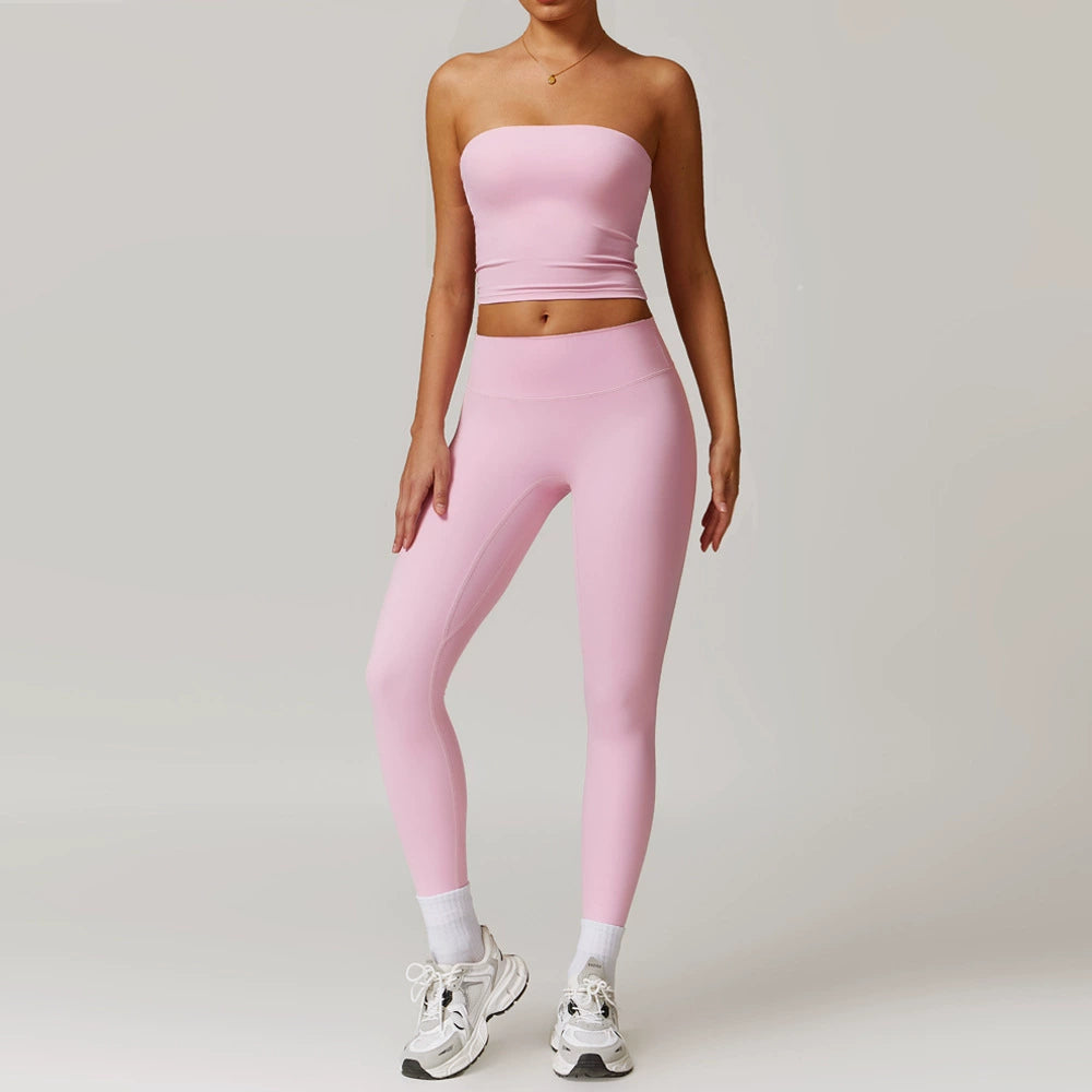 Fall and Winter Brushed Back Yoga Clothes Suit High Waist Stretch Tight Exercise Workout Pants Women's Long-Sleeved T-shirt Strapless Bra Pad