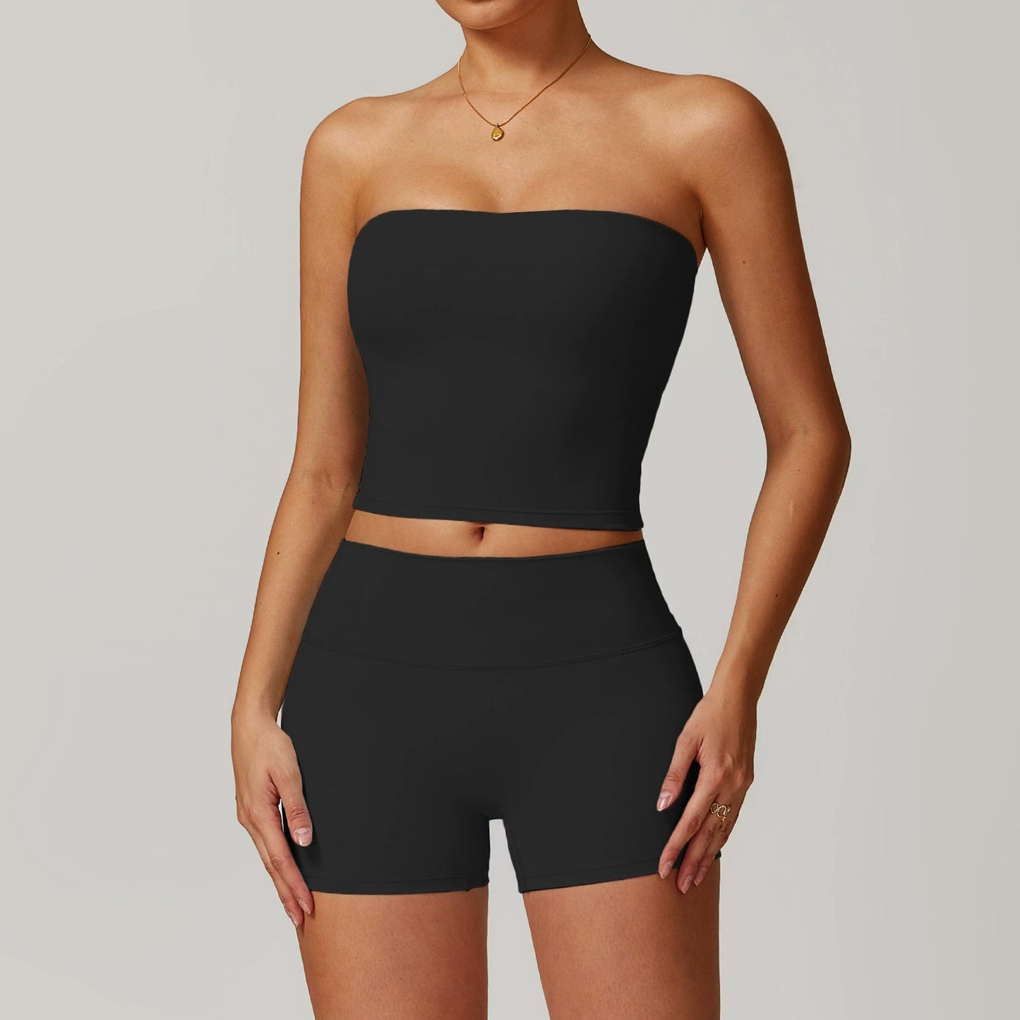 Fall and Winter Brushed Back Yoga Clothes Suit High Waist Stretch Tight Exercise Workout Pants Women's Long-Sleeved T-shirt Strapless Bra Pad