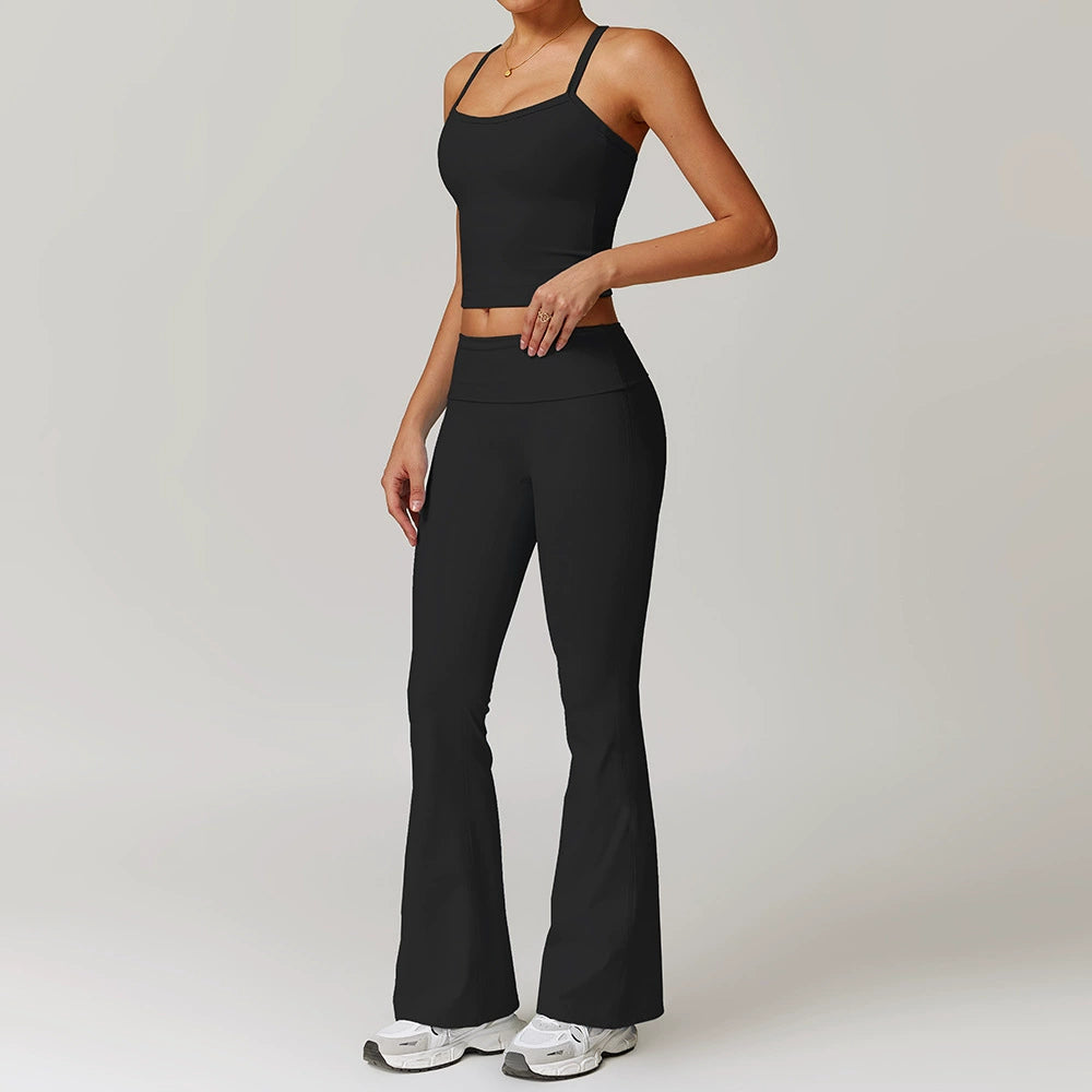 Fall and Winter Brushed Back Yoga Clothes Suit High Waist Stretch Tight Exercise Workout Pants Women's Long-Sleeved T-shirt Strapless Bra Pad