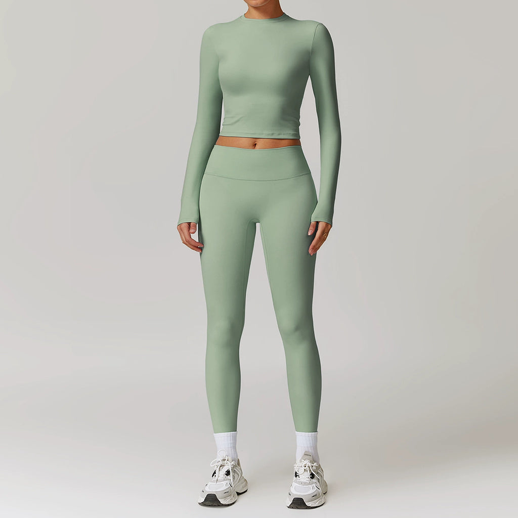 Fall and Winter Brushed Back Yoga Clothes Suit High Waist Stretch Tight Exercise Workout Pants Women's Long-Sleeved T-shirt Strapless Bra Pad