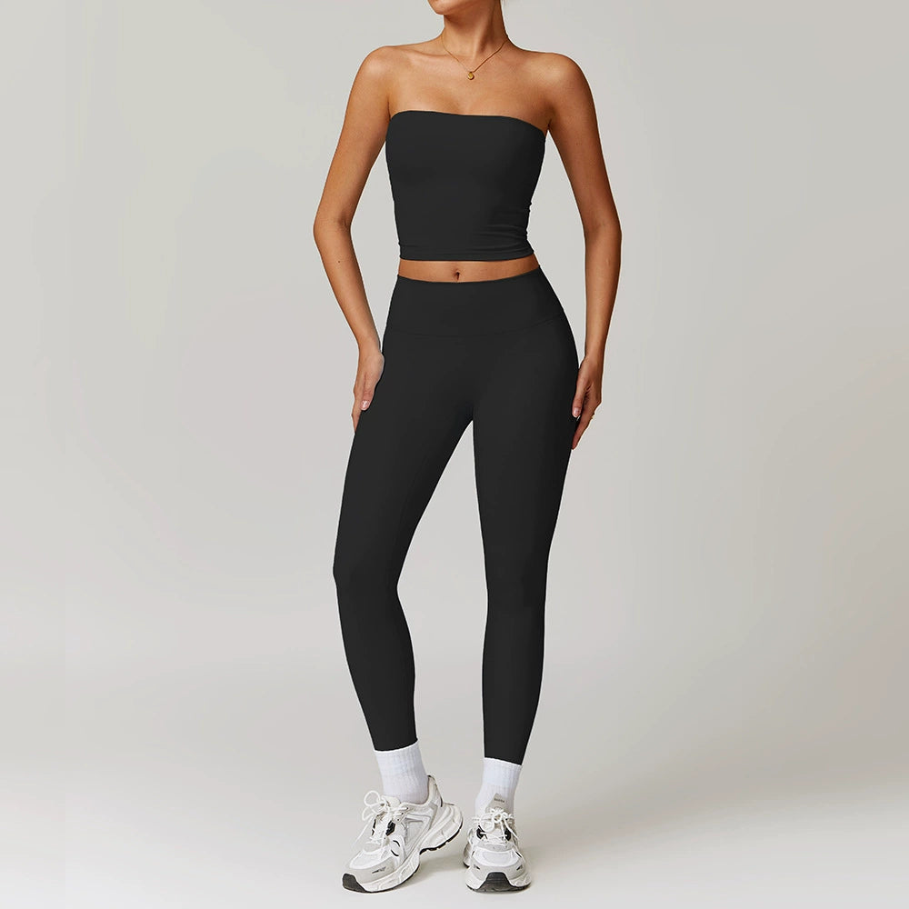 Fall and Winter Brushed Back Yoga Clothes Suit High Waist Stretch Tight Exercise Workout Pants Women's Long-Sleeved T-shirt Strapless Bra Pad