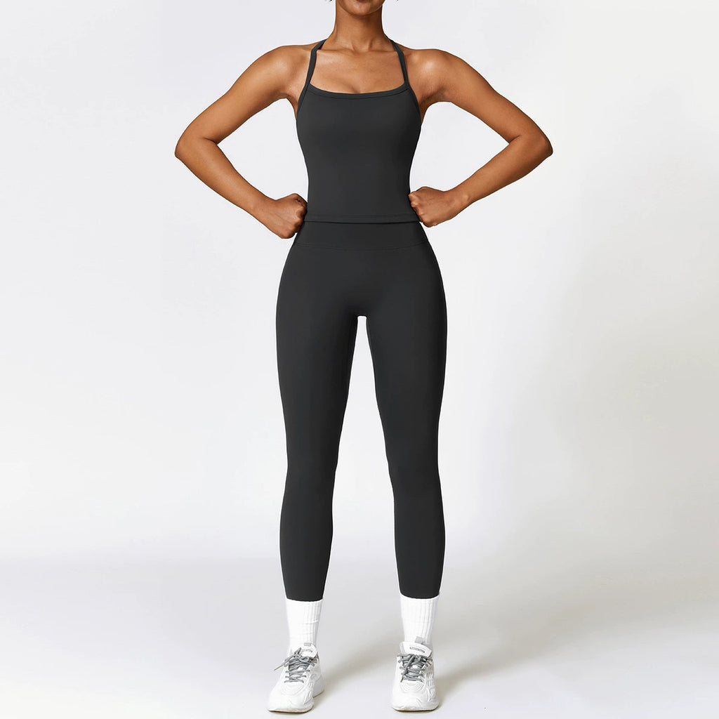 Fall and Winter Brushed Back Yoga Clothes Suit High Waist Stretch Tight Exercise Workout Pants Women's Long-Sleeved T-shirt Strapless Bra Pad