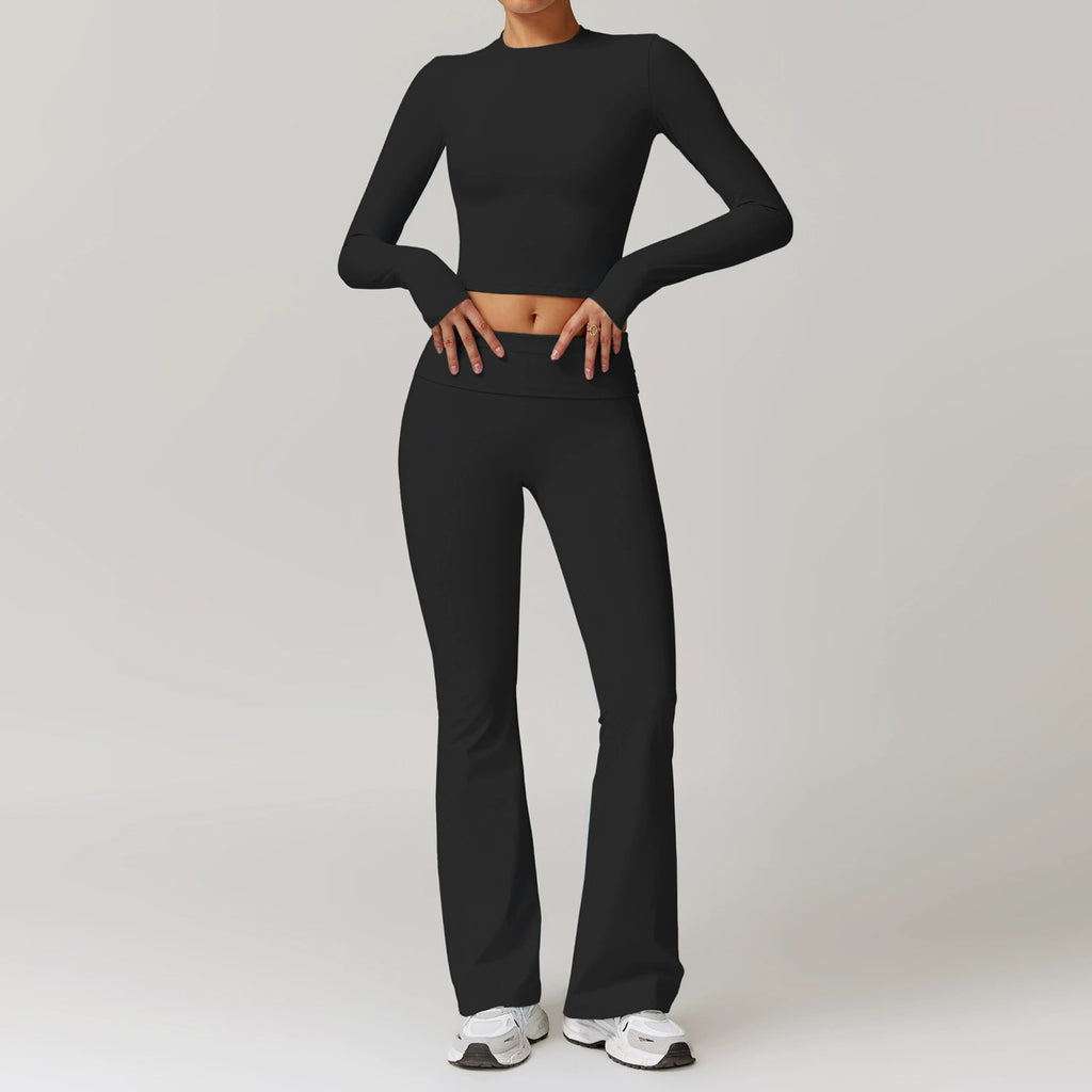 Fall and Winter Brushed Back Yoga Clothes Suit High Waist Stretch Tight Exercise Workout Pants Women's Long-Sleeved T-shirt Strapless Bra Pad