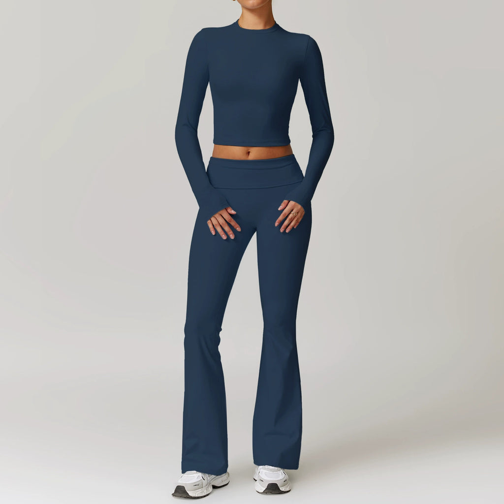 Fall and Winter Brushed Back Yoga Clothes Suit High Waist Stretch Tight Exercise Workout Pants Women's Long-Sleeved T-shirt Strapless Bra Pad