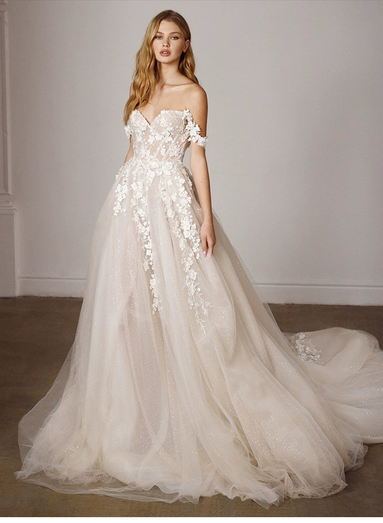 Fanna Fairy Clothing French Super Fairy off-Shoulder Lace Light Wedding Dress 2026 New Arrival Bridal Tail Slim Looking Wedding Veil