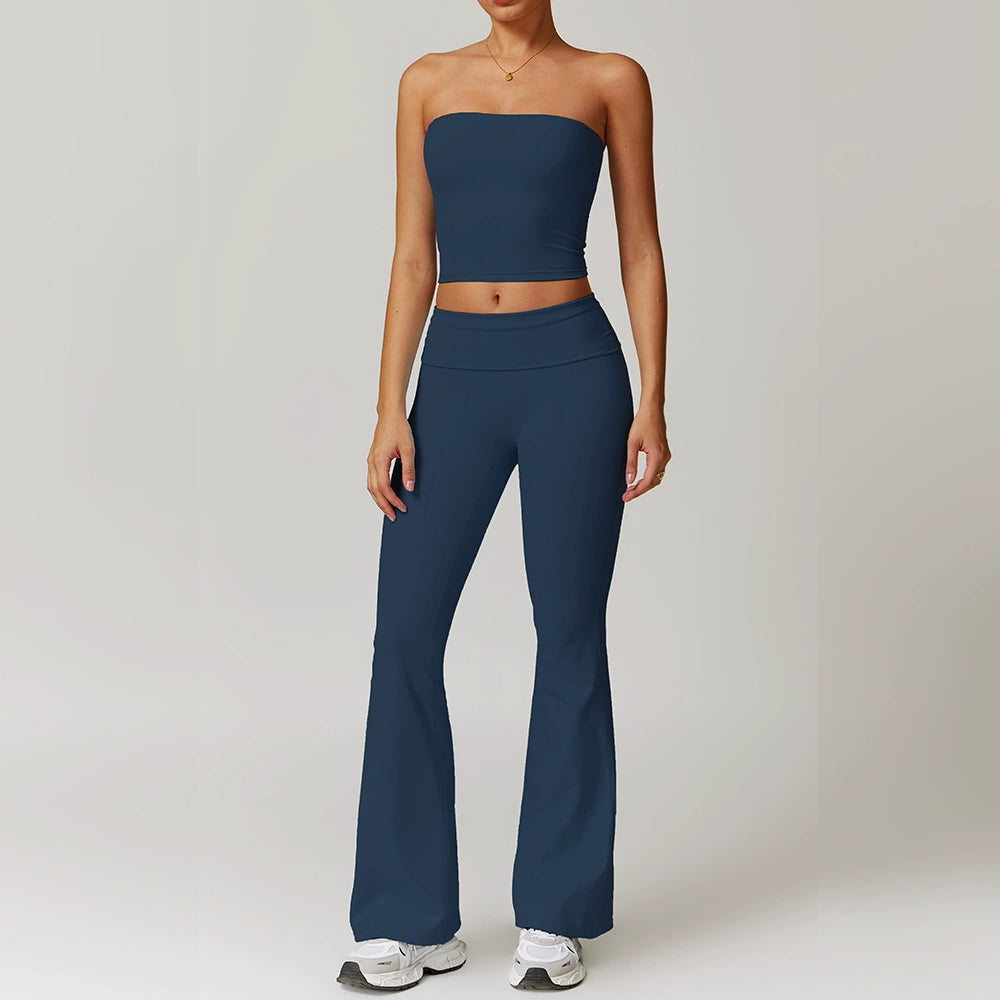 Fall and Winter Brushed Back Yoga Clothes Suit High Waist Stretch Tight Exercise Workout Pants Women's Long-Sleeved T-shirt Strapless Bra Pad