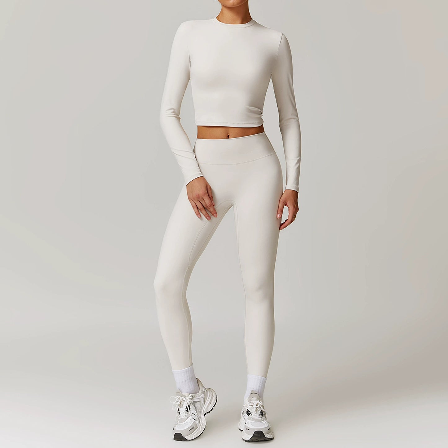 Fall and Winter Brushed Back Yoga Clothes Suit High Waist Stretch Tight Exercise Workout Pants Women's Long-Sleeved T-shirt Strapless Bra Pad