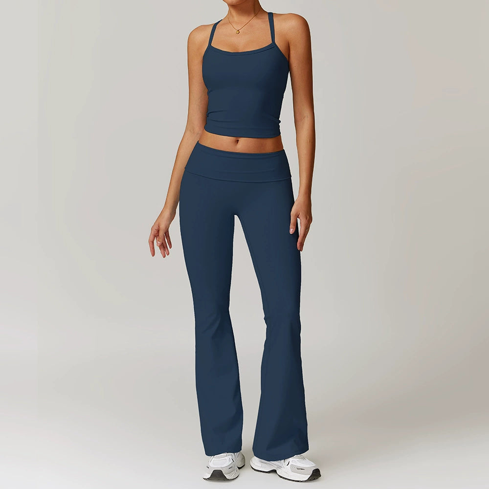 Fall and Winter Brushed Back Yoga Clothes Suit High Waist Stretch Tight Exercise Workout Pants Women's Long-Sleeved T-shirt Strapless Bra Pad