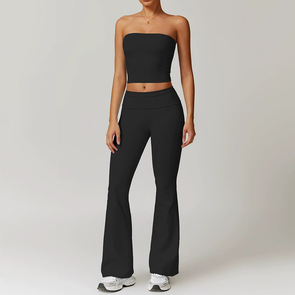 Fall and Winter Brushed Back Yoga Clothes Suit High Waist Stretch Tight Exercise Workout Pants Women's Long-Sleeved T-shirt Strapless Bra Pad