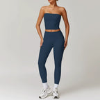 Fall and Winter Brushed Back Yoga Clothes Suit High Waist Stretch Tight Exercise Workout Pants Women's Long-Sleeved T-shirt Strapless Bra Pad