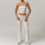 Fall and Winter Brushed Back Yoga Clothes Suit High Waist Stretch Tight Exercise Workout Pants Women's Long-Sleeved T-shirt Strapless Bra Pad