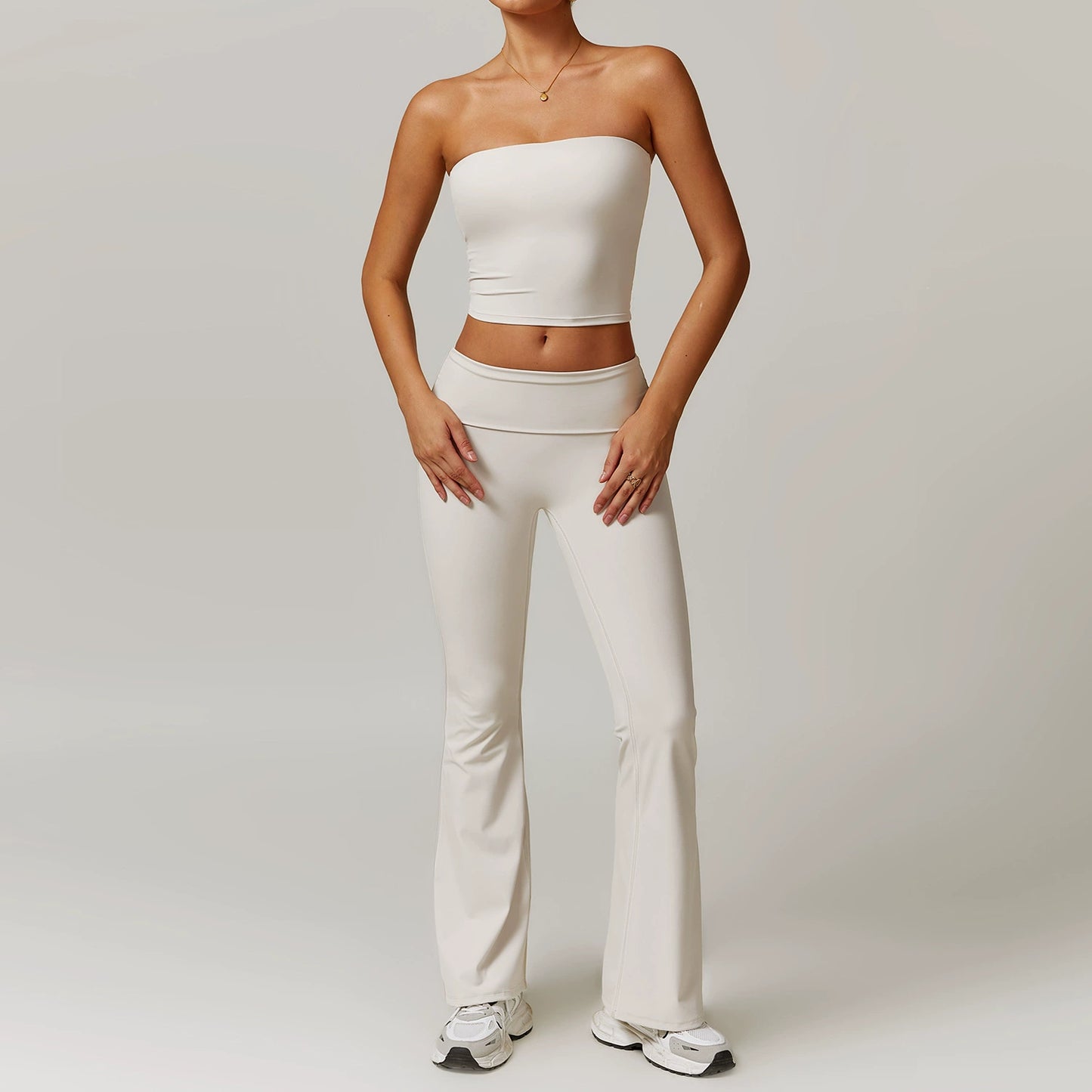 Fall and Winter Brushed Back Yoga Clothes Suit High Waist Stretch Tight Exercise Workout Pants Women's Long-Sleeved T-shirt Strapless Bra Pad