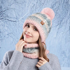 Winter Lady Warm Hat Scarf Two-piece Set Fleece Thickened Gradual Change Color Knitted Skiing Hat Fashion Pullover Hat for Women