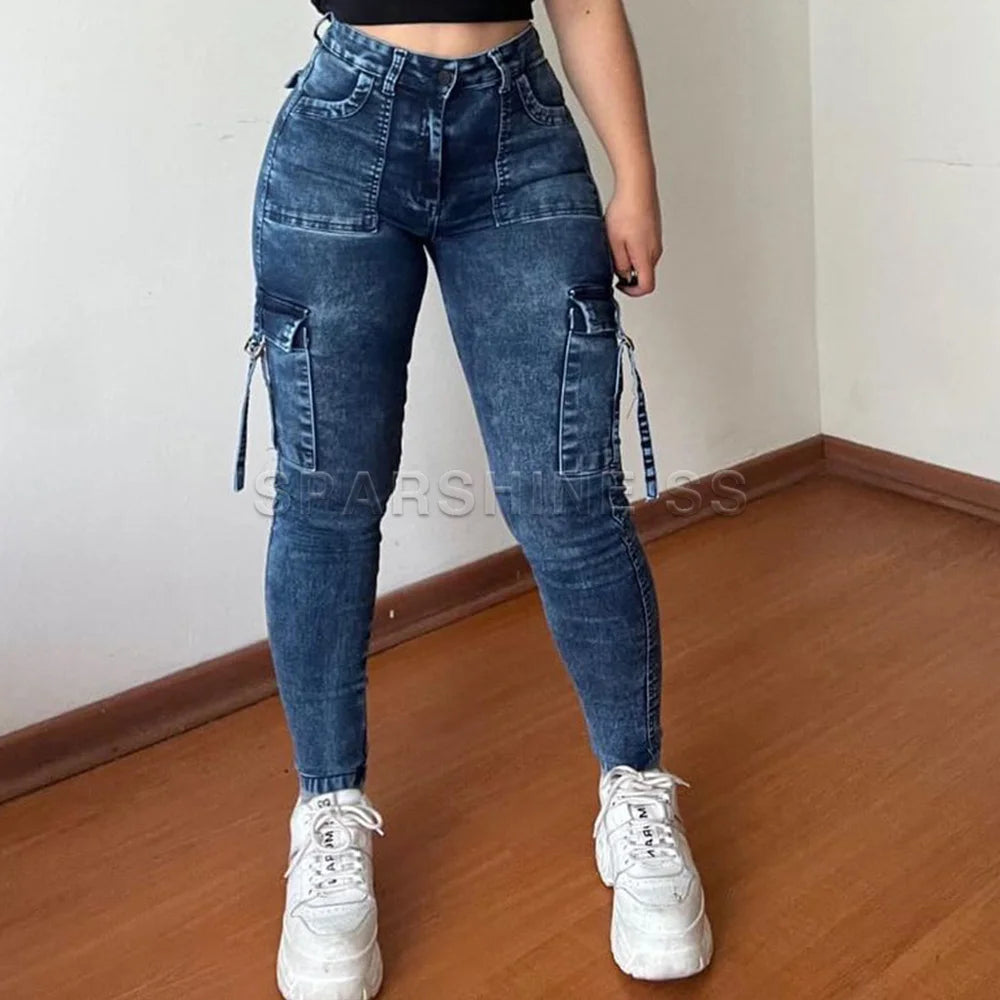 Vintage Streetwear Skinny Jeans Women Retro Y2K High Waist Jeans Casual Wash Cargo Pants Women Autumn Winter Legging Denim Pants Main image
