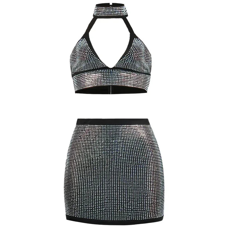 Sparkly Rhinestones Party Club Birthday Outfits for Women Two Piece Set Halter V-neck Crop Top and Mini Skirt Matching Sets