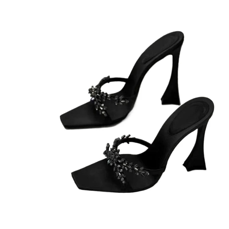 2026 NEW High Quality Luxury Heels Women's Sandals Designer Shoes Rhinestone Square Toe Open Toe Slides Женская Обувь