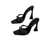 2026 NEW High Quality Luxury Heels Women's Sandals Designer Shoes Rhinestone Square Toe Open Toe Slides Женская Обувь