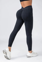 Women Striped Leggings V Back Fashion Gym Outdoor Fitness Athletic Workout Elastic Leggins Yoga Pants Sports Training Tights