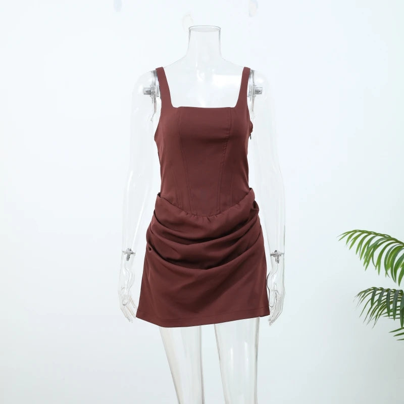 Sexy Backless Ruched Mini Dress Women Elegant Tapered Straps Square Collar Sleeveless High Waist Dresses 2025 Lady Party Gown