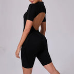Seamless Yoga Jumpsuits Sports Fitness Zipper Hip-lifting Short-sleeved Backless Dance Workout Gym Shorts Bodysuits for Women