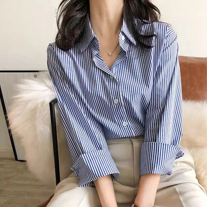 Classic Striped Woman Spring Autumn Blouses Shirt Lady Long Lantern Sleeve Stand Collar Loose Blusas Tops Main image