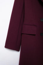 HH Women Fashion Burgundy Woolen Coat Double Breasted Long Sleeve Lapel Blends Jacket Autumn Winter High Street Outerwear