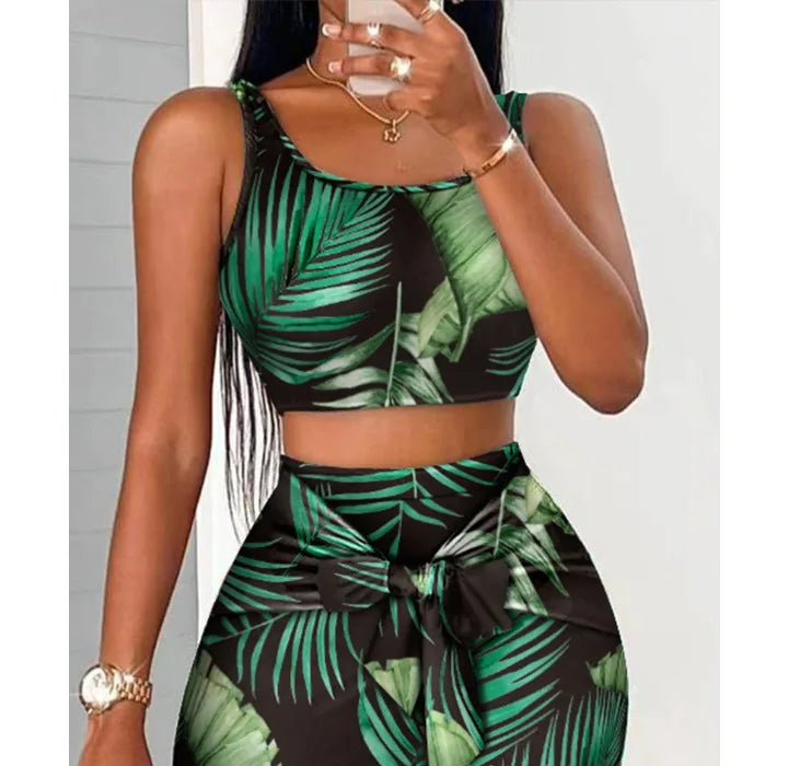 Two Pieces Set Outfits Women  & 2026 Summer Sexy Sleeveless Suspender Top and High Waisted Tight Fitting Hip Wrap Skirt Print Suits