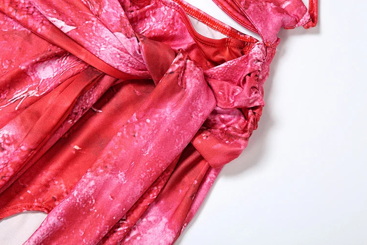 Weird Puss Tie-Dye Print Dress Women Bandage Halter Backless Irregular Hollow Ruched Knot Tie-Dye Ribbon Slits Sexy Long Bodycon