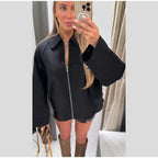 Woolen Zipper Loose Short Jacket Women Long Sleeve Lapel Solid 2025 Autumn Winter Commute Coat Street Office Warm Ladies Outwear