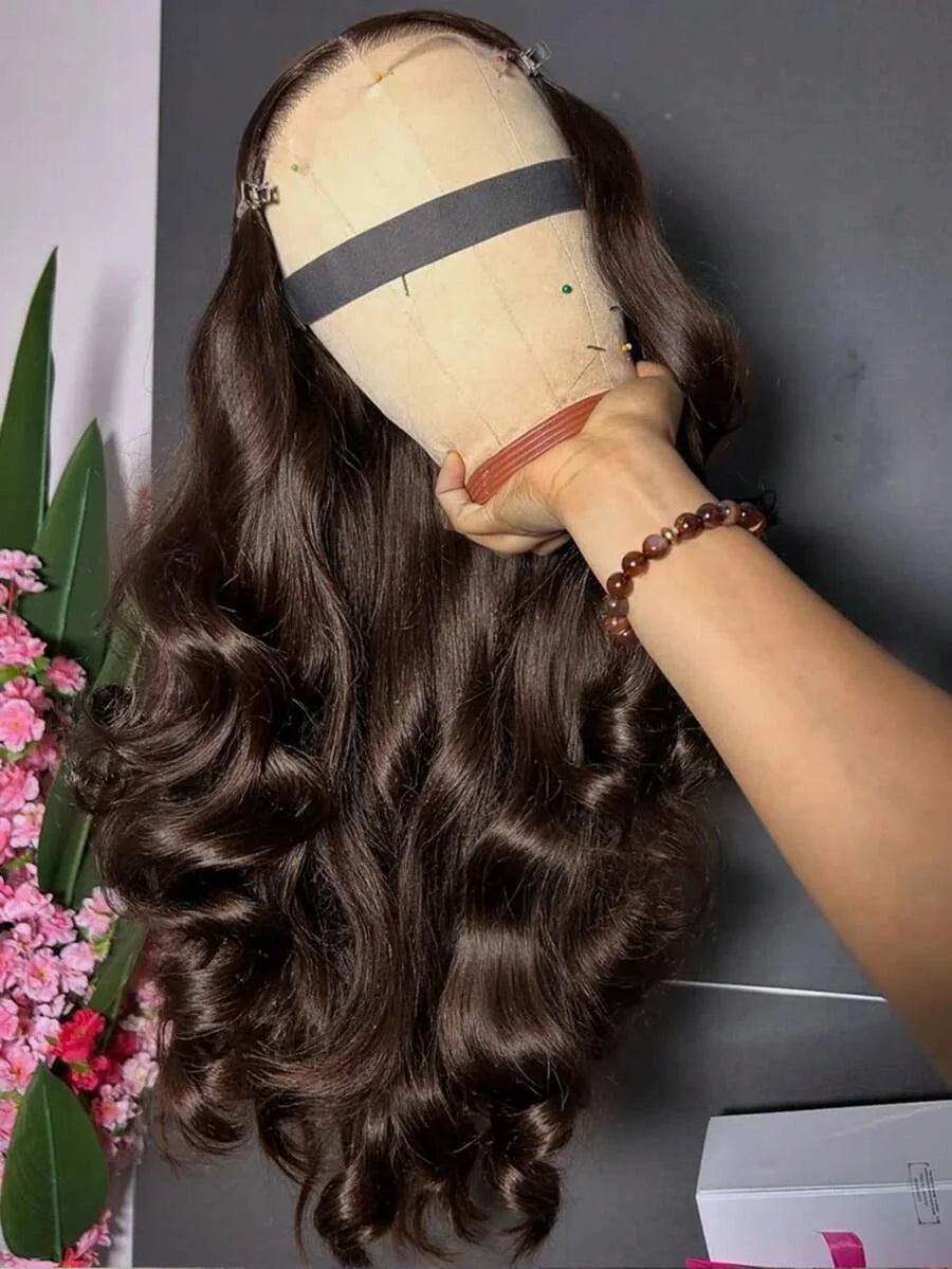 Chocolate Brown Body Wave Lace Front Wig Human Hair 220 Density Frontal Lace Wigs 30 Inch 13x6 HD Transparent Lace Human Wigs