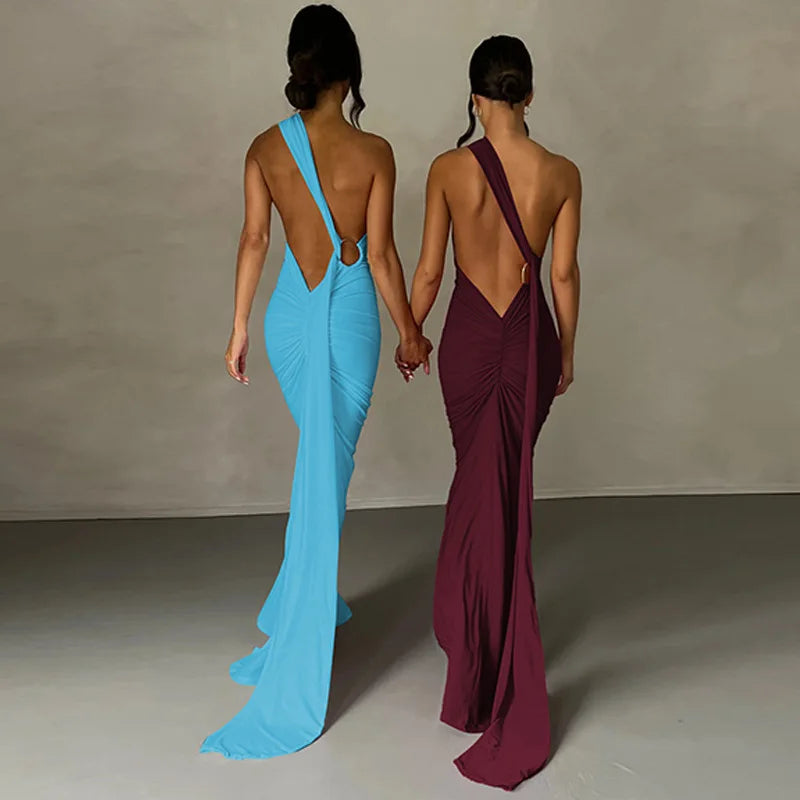 Dulzura One Shoulder Backless Ruched Slim Ribbon Long Dress Women Solid Sexy Elegant Dress Evening Party Club Prom Summer Outfit