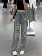 Female Cowboy Pants with Rhinestones Women's Torn Jeans High Waist Shot Wide Leg Trousers Summer Unique Shiny Original Pant 90s
