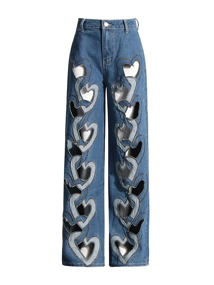 TWOTWINSTYLE Soild Two Piece Sets for Women Straplelss Sleeveless Vest High Wiast Patchwork Hollow Out Jeans Elegant Set Female