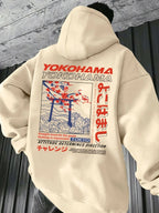 Men's autumn and winter casual fashion loose Tokyo pattern printed long sleeved hooded sweatshirt warm pullover