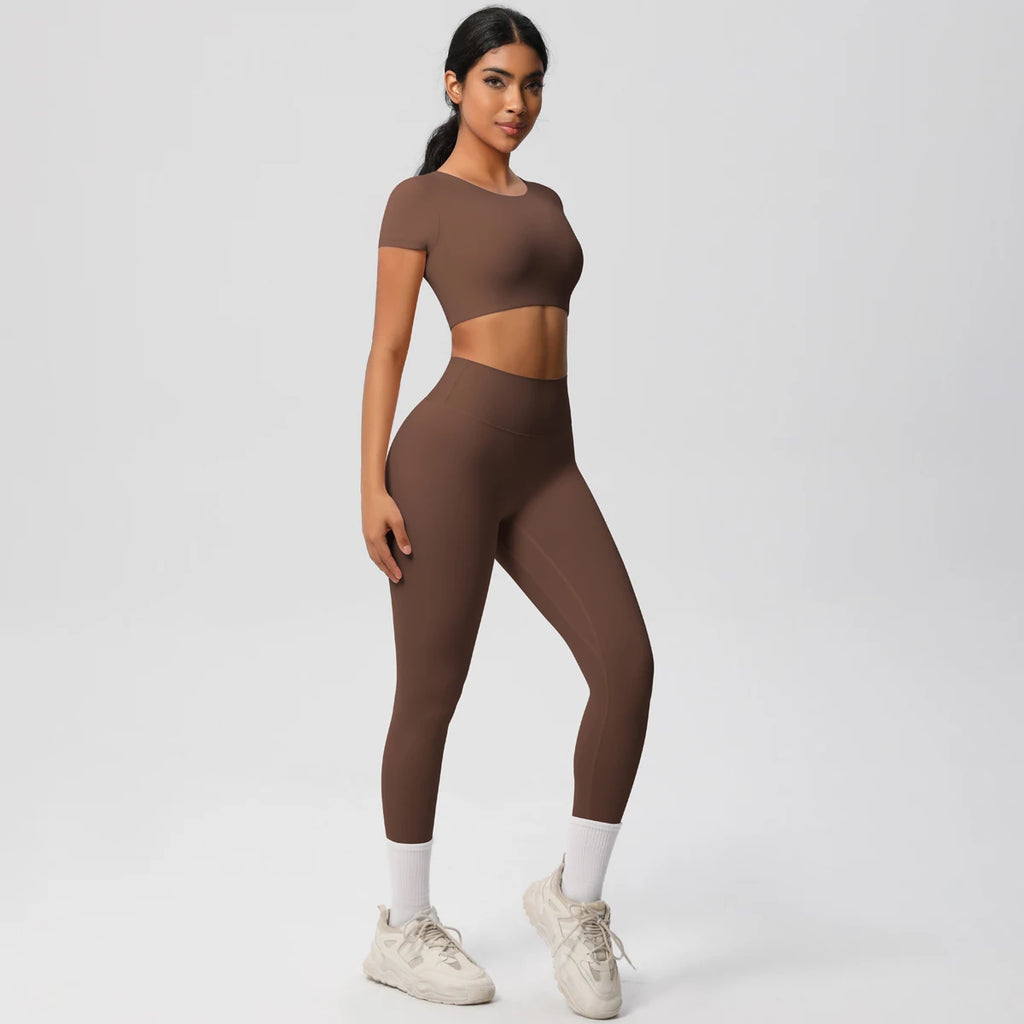 2PCS Woman Gym Sports Yoga Set Knitted Slim Workout Top Short Sleeve Quick Drying Legging Fitness Pants Running Sports Yoga Suit