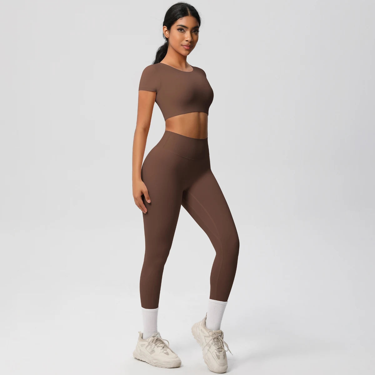 2PCS Woman Gym Sports Yoga Set Knitted Slim Workout Top Short Sleeve Quick Drying Legging Fitness Pants Running Sports Yoga Suit