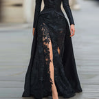 Elegant Solid Formal Occasion Outfit Autumn Women's Lapel Button Top and Skirt Two Piece Set Lace Patchwork Slim Fit Party Suit