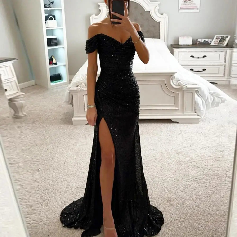 2026 Elegant Off-shoulder Gown Dress V-Neck Sequin Pleated Short Sleeve Waist Tight Maxi Dress Split Evening Party Prom Dress
