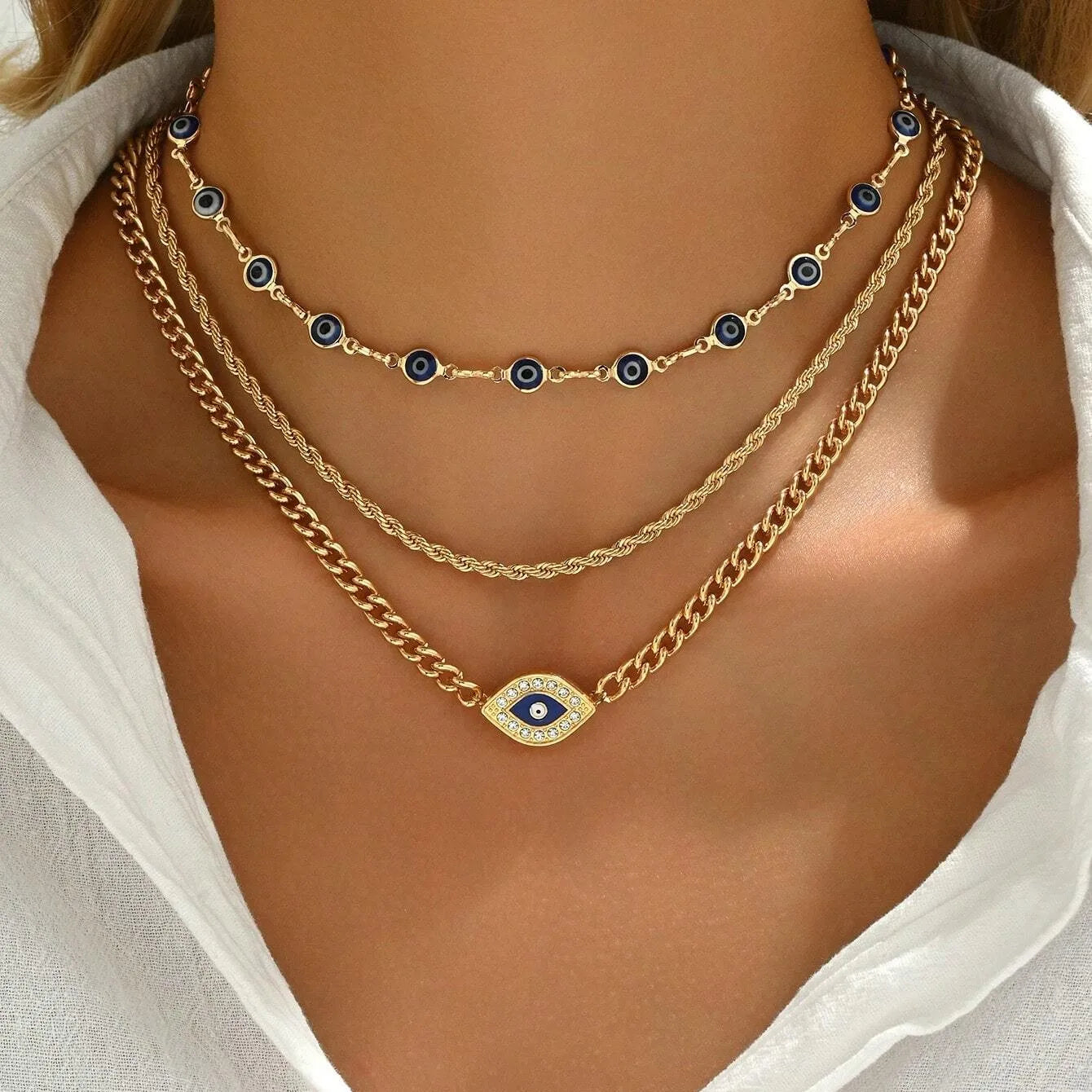Boho Lucky Multi-layers Crystal Evil Eye Pendant Necklace For Women Geometric Round Charm Clavicle Chain Beach Jewelry Main image