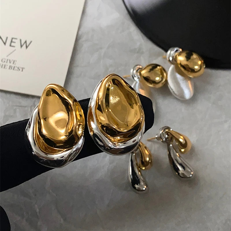 Stainless Steel Vintage Droplet Metal Splice Stud Earrings for Women Two Wear way Mix Color New Accessory Charm Luxury Jewelry Secondary image