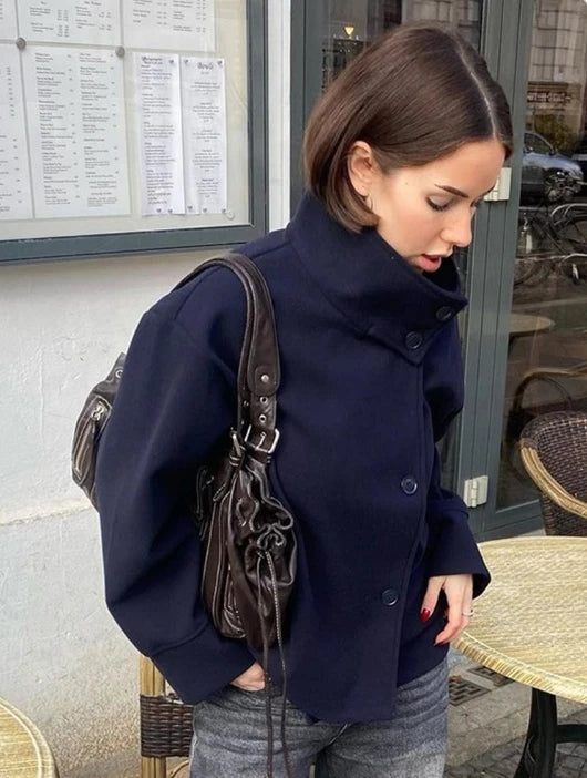 Casual Solid Loose Jackets Women Fashion Full Sleeve Single Breasted Stand Collar Short Coats Female 2025 Autumn Lady Outwears
