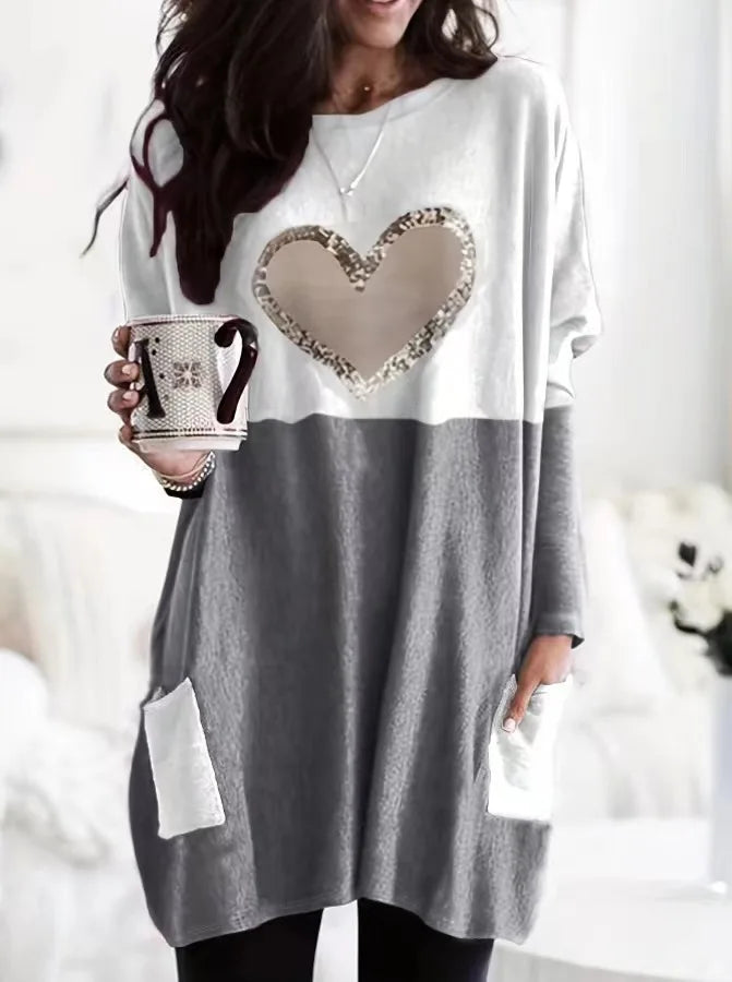 2026 Plus Size Europe And The United States Autumn Love Printed Round Neck Loose Color Contrast Long Sleeve T-Shirt Women