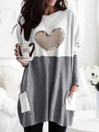 2026 Plus Size Europe And The United States Autumn Love Printed Round Neck Loose Color Contrast Long Sleeve T-Shirt Women