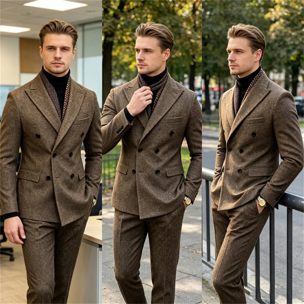 Wool Blend Men's 2 Piece Suit Set（Jacket+Pants) Double Breasted Lapel Suit Set Wedding Prom Dinner Wrok Travel Dinner Banquet