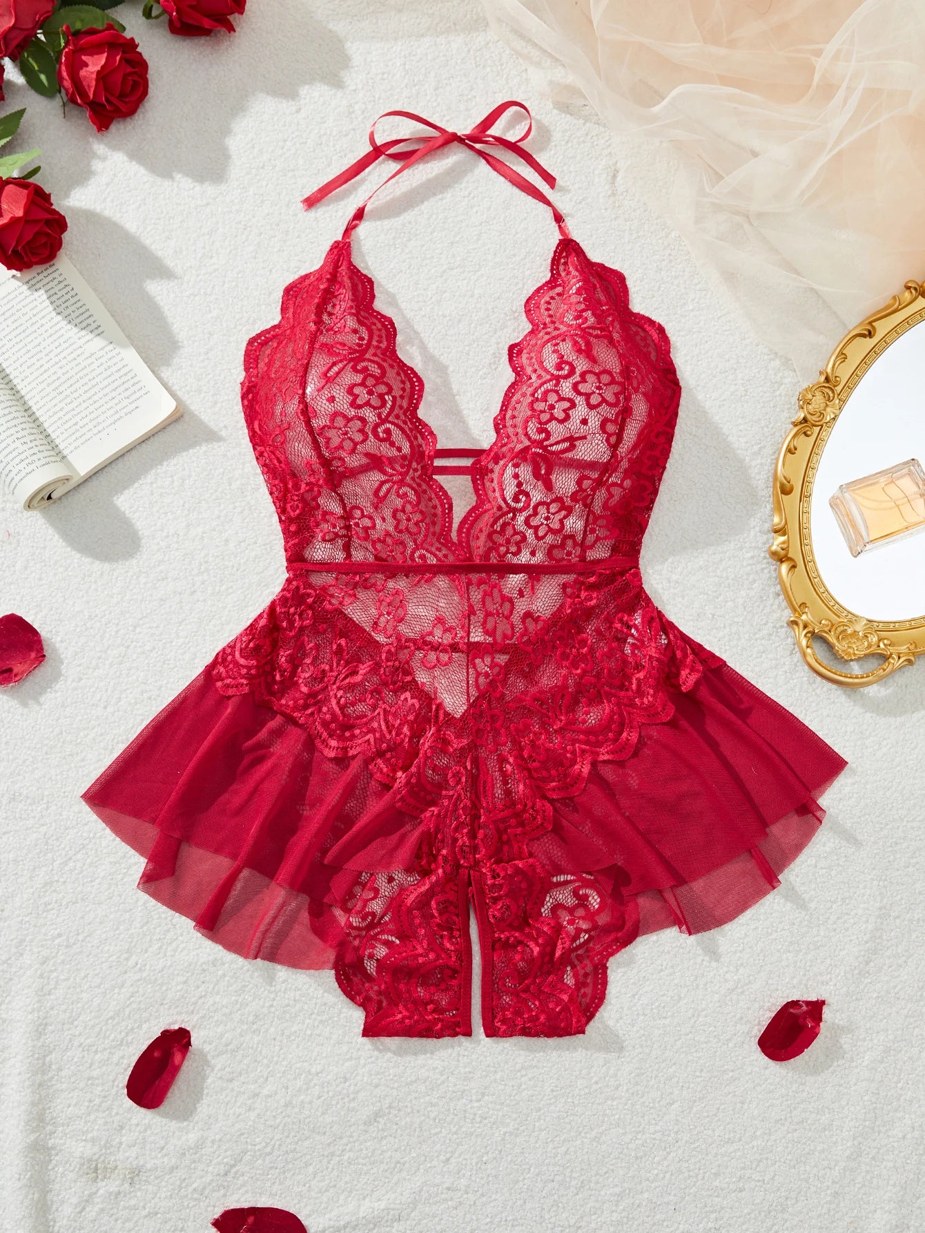 Plus Size 4XL Erotic Backless Deep V Sexy Lingerie Transparent Floral Lace Women Night Dress Teddy Babydoll Crotchless Underwear Main image