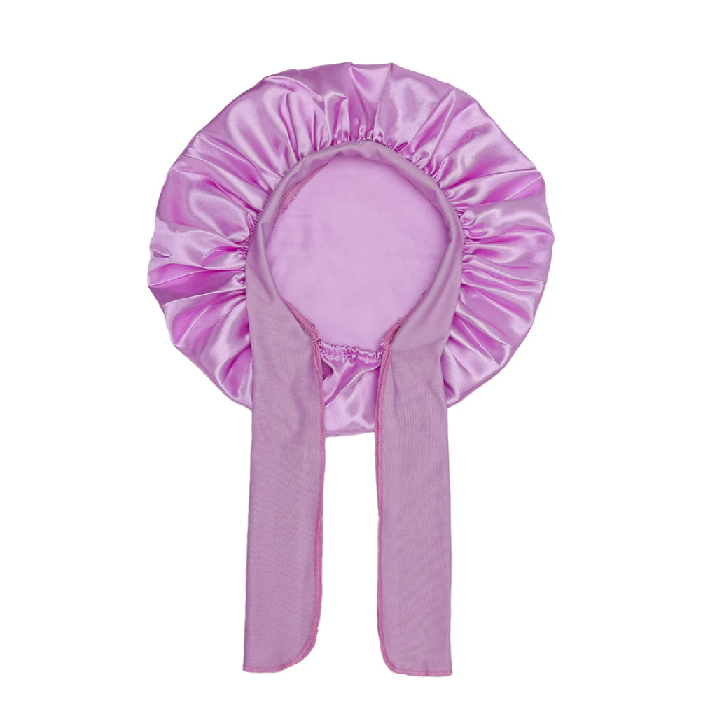 Kids Satin Bonnet Sleep Hat Wide Elastic Band Ribbon Sleeping Cap Boy Girls Flower Printed Silk Shower Cap