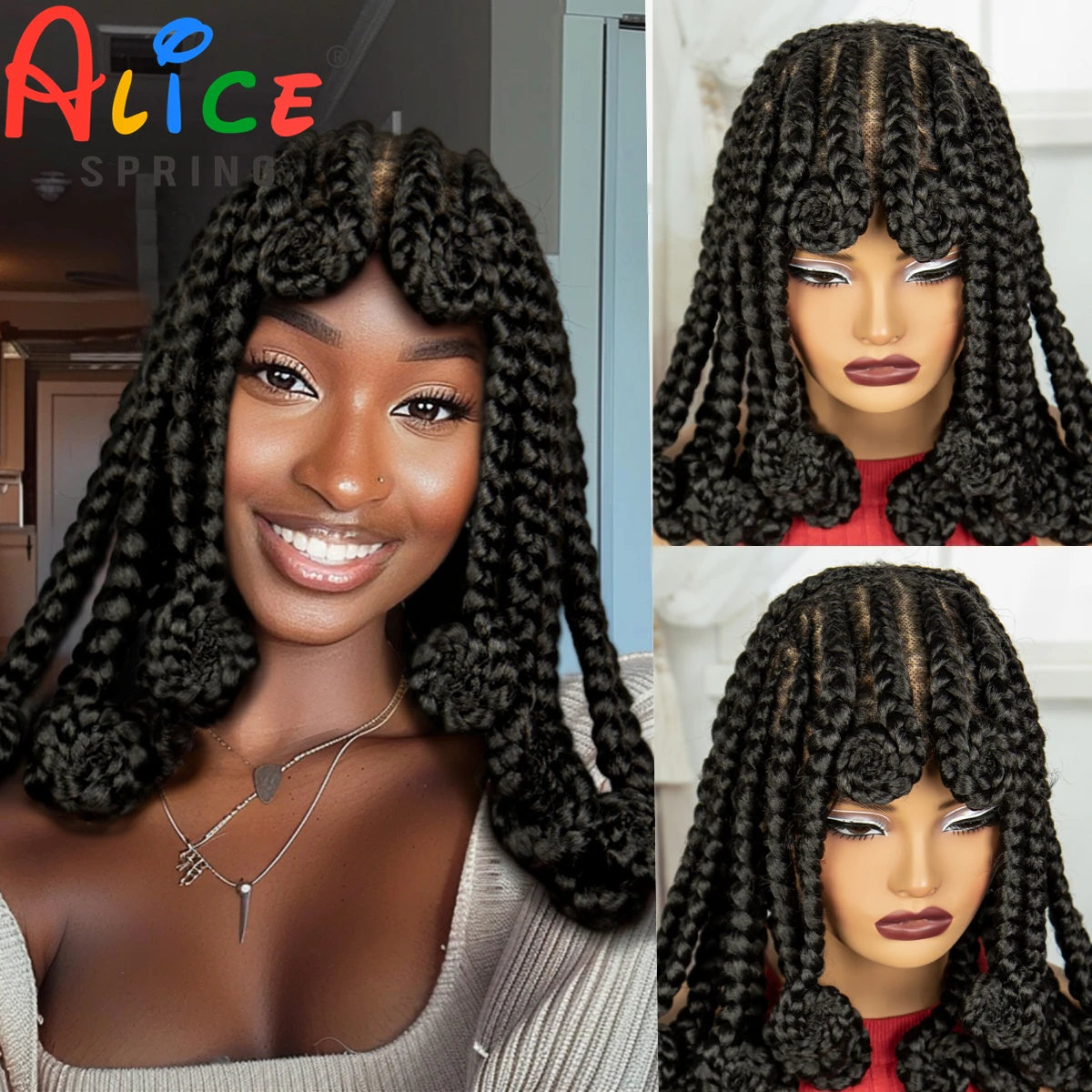 Synthetic Full Lace Bantu Braids Wig with Baby Hair 14Inch Natural Lace Front Braided Wig Handmade Cornrow Braid for Black Women Secondary image