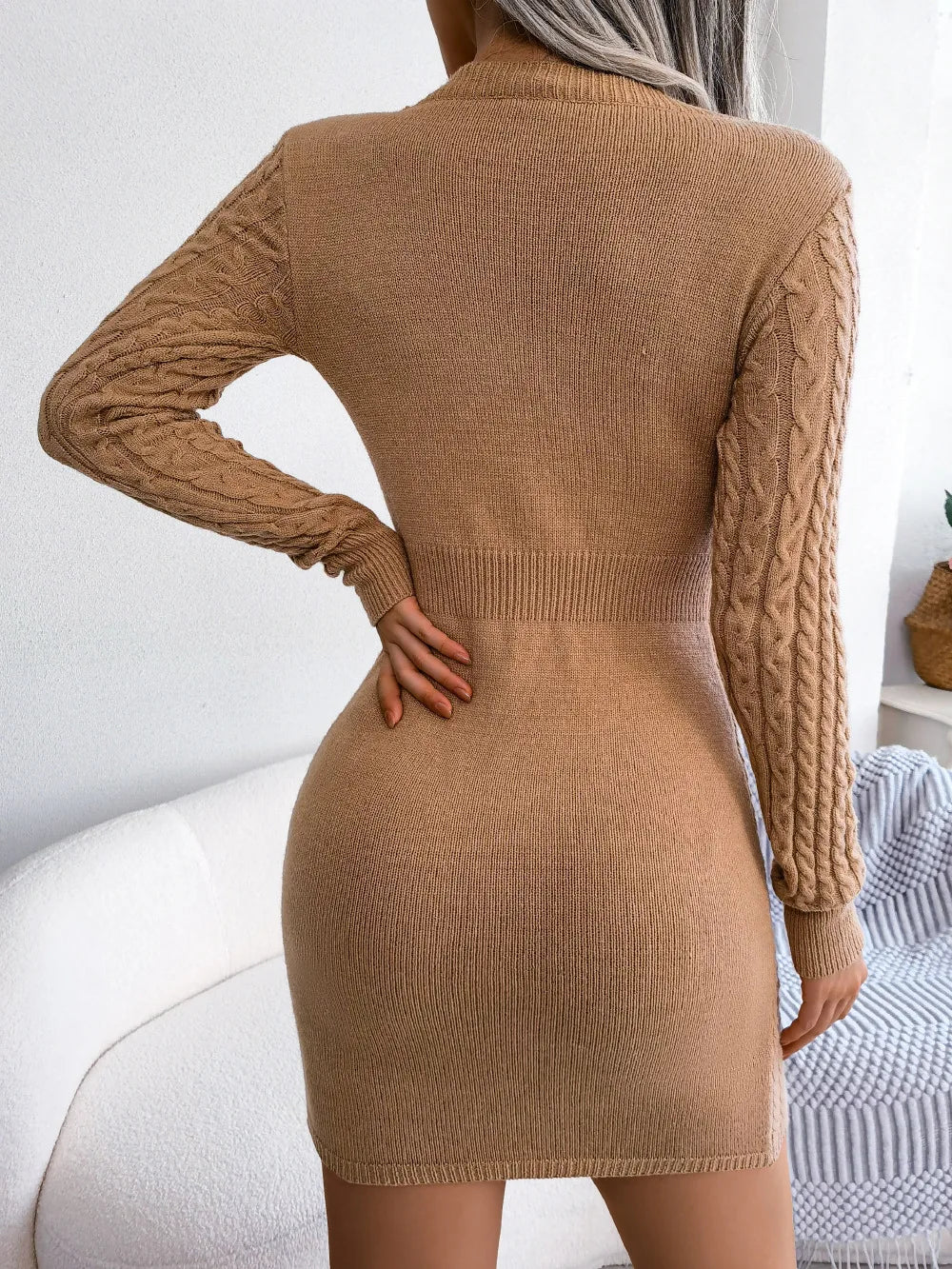 VigoCasey 2026 Blue Casual Short Knit Dress Autumn Winter Women Long Sleeve Dress Sexy Lady Solid Hollow Bodycon Knitted Dresses