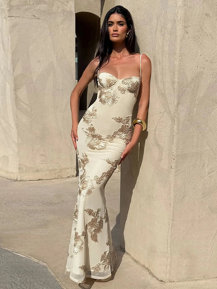 Nibber Elegant Flower Embroidery Maxi Dress Women Low-Neck Cross Bandage Backless Summer Street Trend Skinny Holiday Vestidos