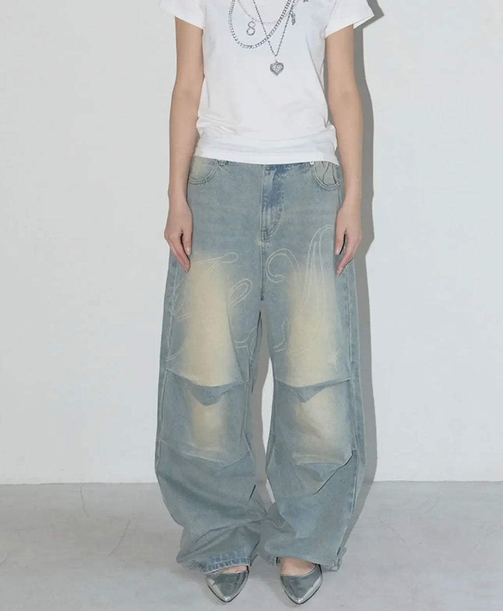 Y2k Trendy Korean Style Jeans Harajuku Retro Simple Angel Print Loose Jeans Fashion New Low Rise Solid Color Straight Leg Pants